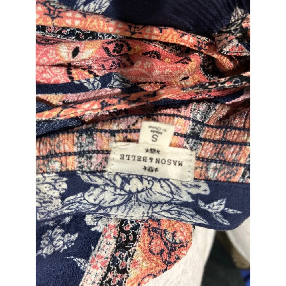 Mason & Belle Womens Navy Blue Floral‎ Geometric Tassel Boho Blouse small